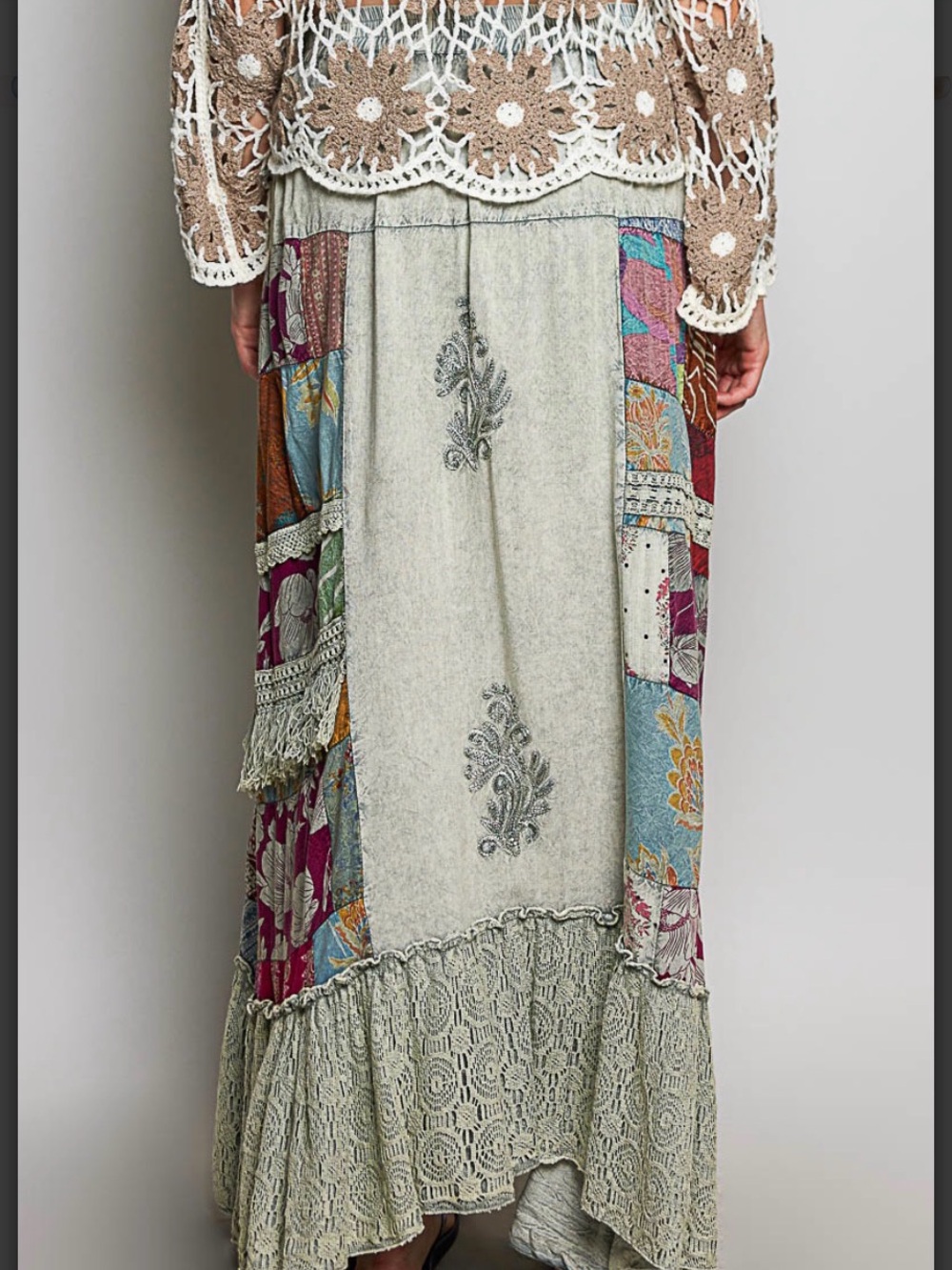 POL One of a Kind Patchwork Embroidered Ruffled Maxi Skirt Sage Multi - Picture 6 of 8